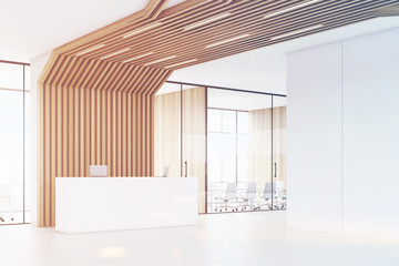 Reception desk and brown pipes, side, toned