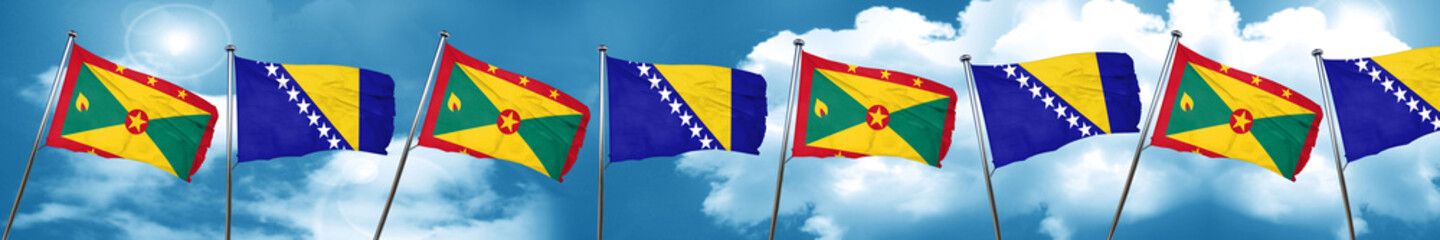 Grenada flag with Bosnia and Herzegovina flag, 3D rendering