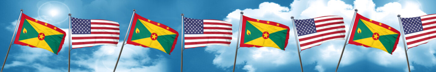 Grenada flag with American flag, 3D rendering