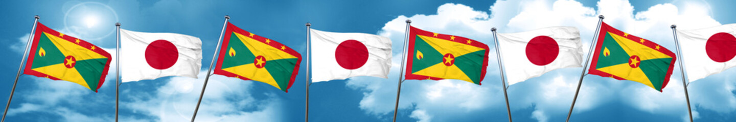 Grenada flag with Japan flag, 3D rendering