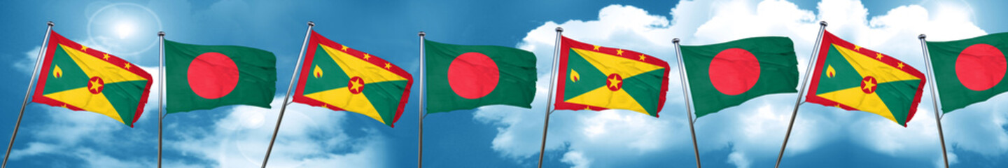 Grenada flag with Bangladesh flag, 3D rendering