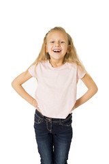 Fototapeta premium beautiful and happy female child gesturing excited and smiling cheerful rising arms isolated on white