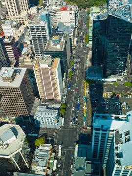 Aerial view over Auckland downtown street in city center
