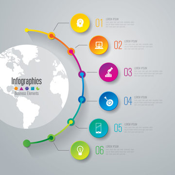 Timeline infographic design vector and business icons with 6 options.