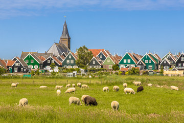 Colorful wooden houses and church in Dutch Village