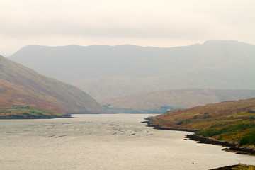 View of the western Ireland countryside landscape in winter - Connemara and Galway Bay