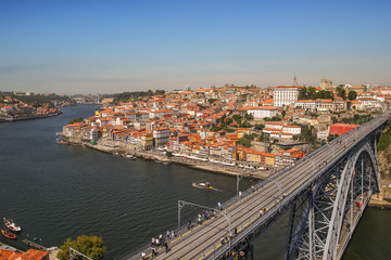 Fototapeta na wymiar Panorama of Ponte Luis I Bridge over the Douro river. Porto, Por
