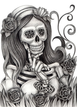 Skull art day of the dead. Art design women skull smiley face day of the dead festival hand pencil drawing on paper.