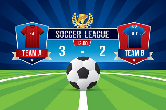 Vector of soccer league with team competition and scoreboard on green field background.