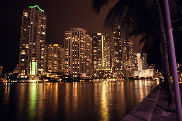 Downtown Miami Skyline. Brickell Key at night.