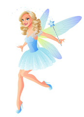 Vector beautiful tooth fairy in blue dress with magic wand.