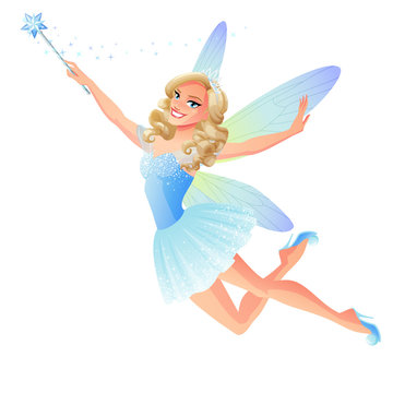 Vector cute flying blue tooth fairy with magic wand.
