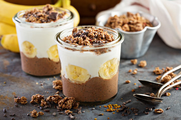 Chocolate chia pudding parfait with banana