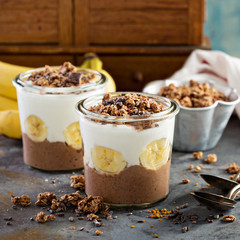 Chocolate chia pudding parfait with banana