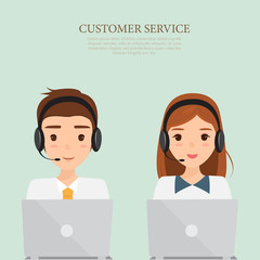 man and woman wearing headsets conceptual of client services and communication. call center service job character.