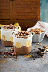 Chocolate chia pudding parfait with banana