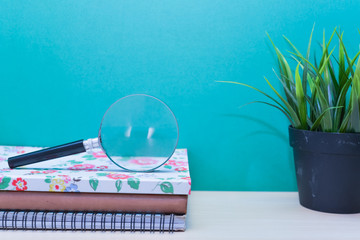 Green Plant,Books and magnifier glass on wooden table with copy space.Green background.