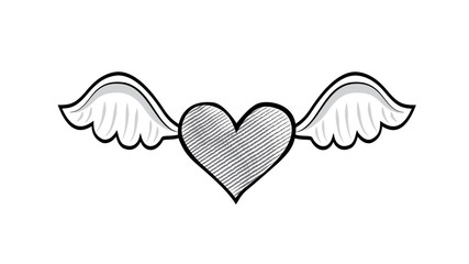 Heart with wings. Love heart design for Valentines day. Cartoon drawing in doodle style.