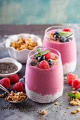 Chia pudding parfait with berry smoothie