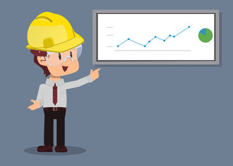 Ingeniero, empleado de oficina en presentación de negocios con gráfico ascendente y casco amarillo