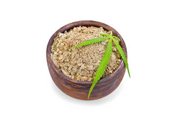 Flour hemp in clay bowl with leaf