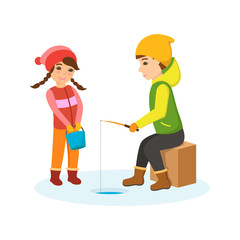 Boy and girl in warm clothes on the winter fishing.