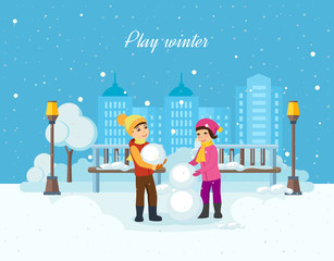 Boy and girl sculpt a snowman in  good mood.