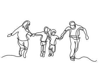 continuous line drawing of happy family running