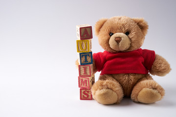 concept of autism word on wooden cubes and teddy bear soft toy against white background. Copy space