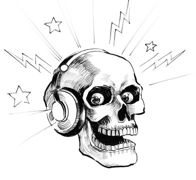 Merry skull in headphones