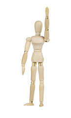 Wooden figure concepts raise hand isolated on the white background