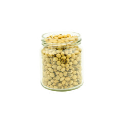 soy beans in Bottle.glass isolated on white background.