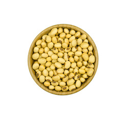 soy beans in bowl wood isolated on white background.