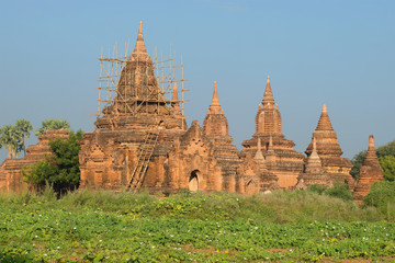 Ancient Buddhist temple complex on a sunny morning. Bagan, Myanmar