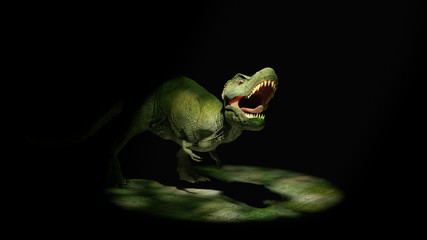 roaring T-rex,  Tyrannosaurus rex dinosaur walks into the spotlight (3d illustration)