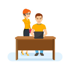 Obraz premium Colleagues, working in office, discussing work issues with the head.