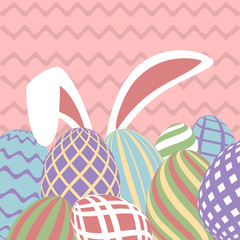 Easter greeting card with colorful eggs and bunny ears. Vector illustration