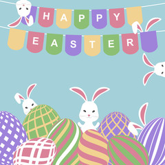 Easter greeting card with bunnies and colorful eggs. Vector illustration