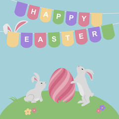 Easter greeting card with bunnies and decorated egg. Vector illustration