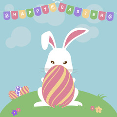 Easter greeting card with colorful egg and white bunny. Vector illustration