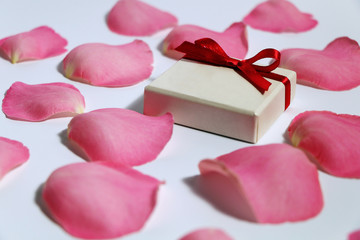 White gift box with a red bow and pink rose petals on white background.