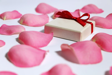 White gift box with a red bow and pink rose petals on white background.