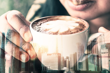 Double exposure picture, Closeup Female hands holding cups of hot coffee in Coffee Shop Cafe Restaurant Relaxation Concept