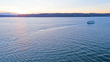 Washington State Ferry Boat in Puget Sound Sunset Heading to Whidbey Island