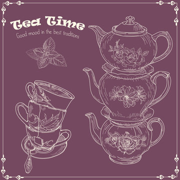 Tea time. Vintage card the tea party. Teakettle and cup set dishes. Hand drawn sketch. Vector illustration.