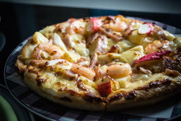 close up delicious italian seafood pizza with shrimp cheese praw