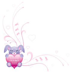 Obraz na płótnie Canvas Happy Valentines day border. Love is in the air - text lettering. Toy rabbit isolated frame, white background. Heart romance, cute romantic vector illustration. Holiday corner design. Flat cartoon