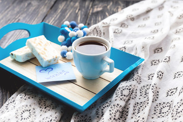 Egypt nougat and cup of coffee in tray