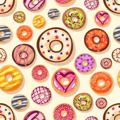 Colorful donuts with sprinkles seamless pattern. Doodle sketch style background.