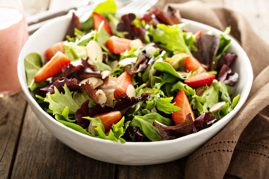 Healthy and colorful salad with spring mix greens